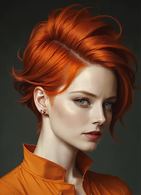 portrait of sks woman by Flora Borsi, style by Flora Borsi, bold, bright colours, orange Mohawk haircut, ((Flora Borsi)), <lora:locon_jodiefoster_v1_from_v1_64_32:1>