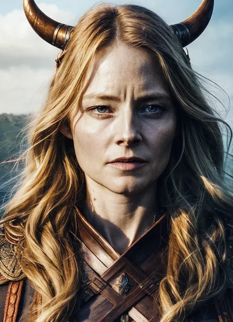 A stunning intricate full color portrait of (sks woman:1) as (viking warrior), (barbarian),  epic character composition, by ilya kuvshinov, alessio albi, nina masic, sharp focus, natural lighting, subsurface scattering, f2, 35mm, film grain, <lora:locon_jodiefoster_v1_from_v1_64_32:1.25>