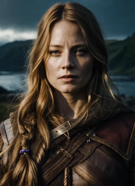 A stunning intricate full color portrait of (sks woman:1) as (viking warrior), (barbarian),  epic character composition, by ilya kuvshinov, alessio albi, nina masic, sharp focus, natural lighting, subsurface scattering, f2, 35mm, film grain, <lora:locon_jodiefoster_v1_from_v1_64_32:1>