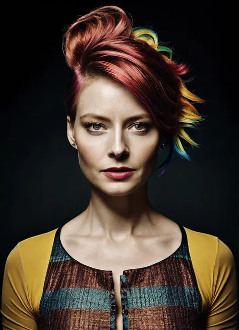 portrait of sks woman by Flora Borsi, style by Flora Borsi, bold, bright colours, rainbow Mohawk haircut, ((Flora Borsi)), <lora:locon_jodiefoster_v1_from_v1_64_32:1>