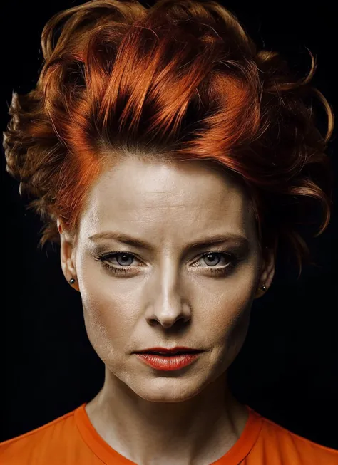 portrait of sks woman by Flora Borsi, style by Flora Borsi, bold, bright colours, orange Mohawk haircut, ((Flora Borsi)), <lora:locon_jodiefoster_v1_from_v1_64_32:1>