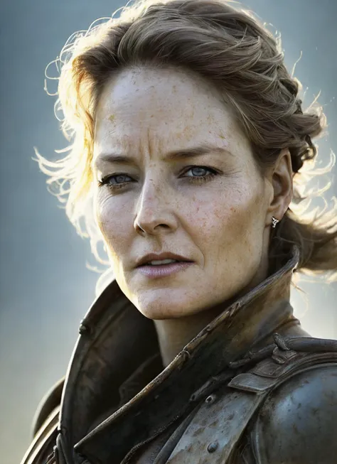 close up portrait RAW photo of sks woman, inspired by fallout, Mad Max and Waterworld, ,absurdres, detailed face, post apocalyptic atmosphere in 1930', an UNIQUE_TOKEN in rugged power armor holding a rifle with both hands, ((junkyard)), (debris), ((trash)), ((junk)), (((cars))) fill up the streets, rust, corrosion, sense of scale, sublime beauty of the grandiose environment, epic, cinematic composition, volumetric lighting, defined lines, blurred background, saturated colors, strong bloom, ((photorealistic)) panorama by Ed Blinkey, Atey Ghailan, by Jeremy Mann, Greg Manchess, Antonio Moro, Intricate, High Detail, Sharp focus, dramatic, by greg rutkowski, realism, beautiful and detailed lighting, shadows, by Jeremy Lipking, by Antonio J. Manzanedo, by Frederic Remington, by HW Hansen, by Charles Marion Russell, by William Herbert Dunton, <lora:locon_jodiefoster_v1_from_v1_64_32:1.25>