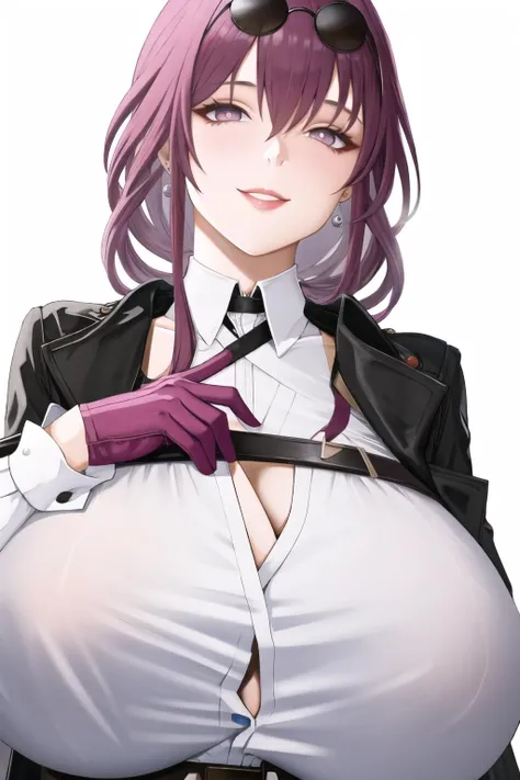 1girl, solo, long hair, looking at viewer, smile, shirt, gloves, long sleeves, white background, jewelry, jacket, white shirt, upper body, purple hair, earrings, coat, sunglasses, pointing, eyewear on head, round eyewear,star-kafka, (mature female:1.4),realistic <lora:kafka-v3-nai-13ep-resize:0.75> (huge breasts:1.2) <lora:Chomikuplus-Style-000155:1>