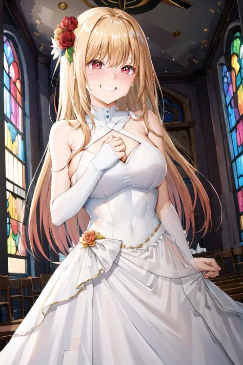 masterpiece, best quality, highres, kitagawa marin, 1girl, blonde hair, long hair, multicolored hair, red eyes, wedding dress, in a chapel, dynamic lights, <lora:kitagawa_marin_v1-1:0.7>, grin, smile, joy, tears in eyes, standing, cowboy shot, <lora:Chomikuplus-Style-v1.1-000150:1>