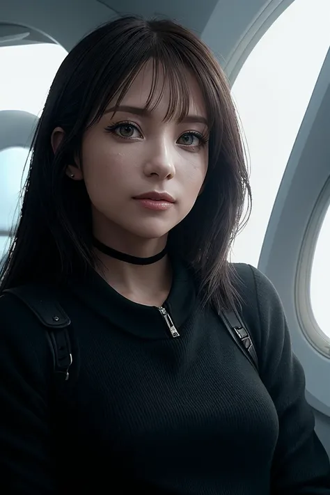 beautiful woman (EP4y4n4K4j1w4r4:.99): a woman at (airplane interior:1.1), perfect highponytail, wearing sexy black (Boatneck Top), (people standing in background:1.1), (face focus), modelshoot style, (extremely detailed CG unity 8k wallpaper), professional majestic (photography by Ernst Fuchs:1.1), 24mm, exposure blend, hdr, extremely intricate, High (Detail:1.1), dramatic, soft cinematic light, (looking at viewer), (detailed pupils), 4k textures, soft cinematic light, elegant, ((((cinematic look)))), soothing tones, insane details, hyperdetailed, ("In Jernau we trust!":1.1)
