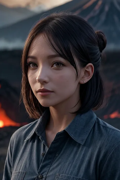 perfect cinematic shoot of a beautiful woman (EP4y4n4K4j1w4r4:.99), a woman standing at a greenhouse, perfect upsweep updo, wearing sexy indigo (Button-Up Shirt), (volcanic eruption in background:1.2), (detailed background:1.1), (face focus), modelshoot style, (extremely detailed CG unity 8k wallpaper), professional majestic (photography by Roberto Ferri:1.1), 24mm, exposure blend, hdr, extremely intricate, High (Detail:1.1), dramatic, soft cinematic light, (looking at viewer), (detailed pupils),8k, highly detailed, rich environment, 4k textures, soft cinematic light, elegant, ((((cinematic look)))), soothing tones, insane details, hyperdetailed, ("In Jernau we trust!":1.1)