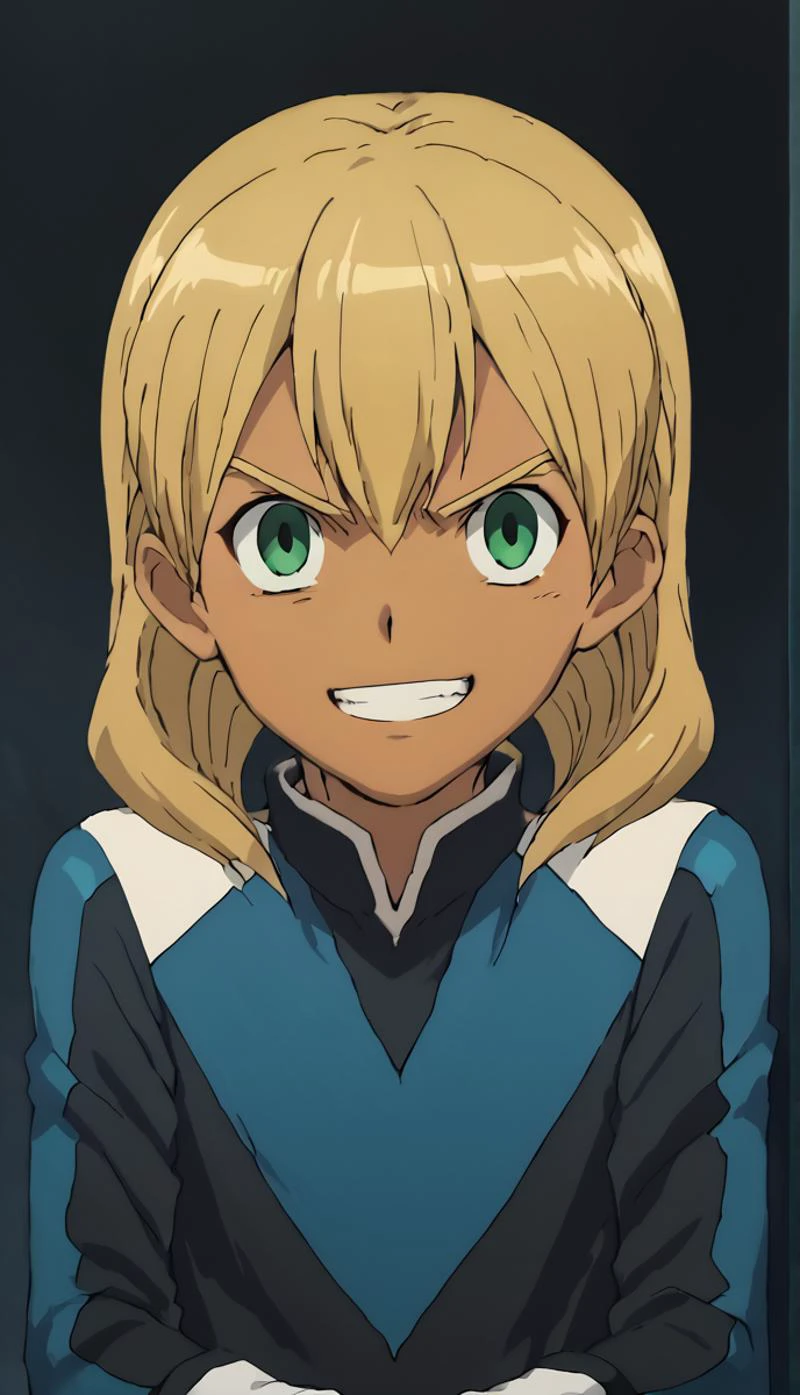 score_9, score_8_up, score_7_up, score_6_up, score_5_up, score_4_up, source_anime, evil grin, pose, sitting, dark-skinned male,, anime screencap, <lora:Anime_Screencap:1>, 1boy, miyasaka ryou, otoko no ko, blonde hair, green eyes, <lora:Miyasaka_Ryou:0.8>, white gloves, gloves, bodysuit, dark emperors, boots, <lora:Dark_Emperors_Uniform:0.8>