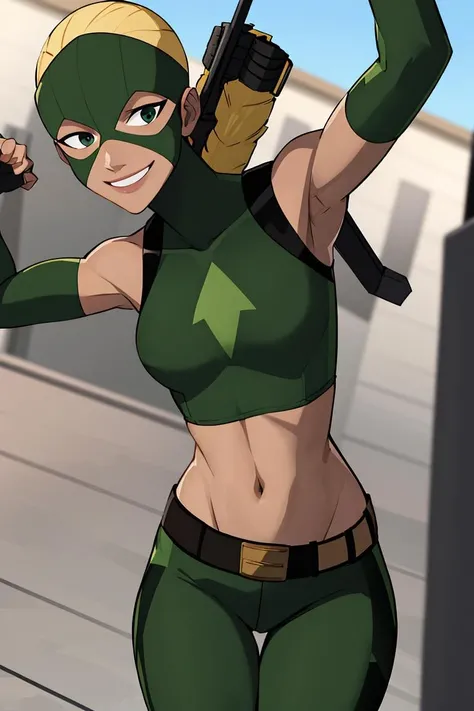 ((masterpiece,best quality)), absurdres, <lora:Artemis_YJ:0.8>, Artemis_YJ, solo, smiling, green pants, belt, looking at viewer, cowboy shot, cinematic composition, dynamic pose