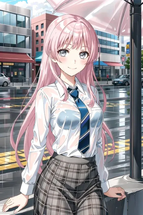 masterpiece, (best qulaity:1.3), 8K, wallpaper, depth of field, beautiful detailed eyes, (1girl, anonmygo, solo, pink hair, long hair, straight hair, grey eyes, (wet clothes, see-through:1.2), (white shirt, striped necktie), wet, smile, closed mouth, (rain), blush, cityscape, grey sky, medium breasts, blue neckbow, plaid skirt, looking at viewer) <lora:ChihayaAnon:0.7>