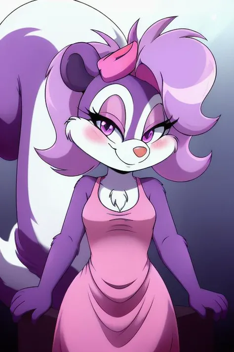 uploaded on e621, solo female ((Fifi la Fume <lora:Fifi la Fume V1:0.7>)) with ((clear eyes)), (cute female skunk), (small breasts), (blush), (smile), (large tail), (pink bow), (dress), (shirt), (purple fur), (white belly), (first person perspective), BREAK. (8k), ((2d-animation)), (detailed lighting), (detailed fur), ((standing)), ((lounge)), ((((looking at viewer)))), (((front view))), [backlighting], [detailed ambient light], [grey natural lighting], (((depth of field))), (suggestive content), [sharp focus], ((masterpiece)), BREAK