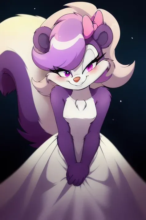 uploaded on e621, solo female ((Fifi la Fume <lora:Fifi la Fume V1:0.7>)) with ((clear eyes)), (cute female skunk), (small breasts), (blush), (smile), (large tail), (pink bow), (wedding dress), (purple fur), (white belly), (first person perspective), BREAK. (8k), ((2d-animation)), (detailed lighting), (detailed fur), ((standing)), ((cathedral)), ((((looking at viewer)))), (((front view))), [backlighting], [detailed ambient light], [grey natural lighting], (((depth of field))), (suggestive content), [sharp focus], ((masterpiece)), BREAK