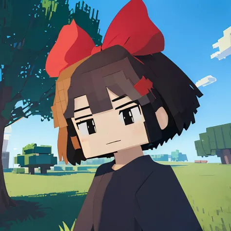 (masterpiece, best quality), intricate details, mcnsfw, square head, <lora:mcnsfw_3597:0.8>,tree,grass,cloudy sky, <lora:kiki_v1:1>,kiki, red hair bow, black robe