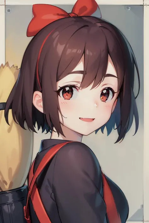 (masterpiece:1.4), (best quality:1.4), (high resolution:1.4), (portrait:1.1), 1girl, kiki, black robe, (red hair bow:1), broom, messenger bag, looking at viewer, smile, <lora:kiki_v1:0.7>, black cat jiji,
