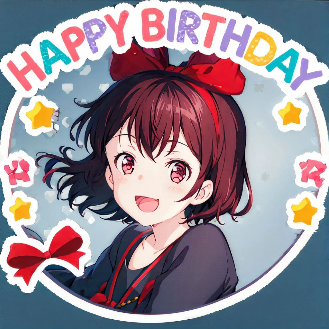 happy birthday,1girl, smile, happy,<lora:happy-birthday-000016:0.7> ,portrait, <lora:kiki_v1:1>, kiki, red hair bow, black robe <lora:kiki_v11:1>