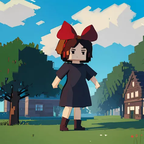 (masterpiece, best quality),  intricate details, mcnsfw,  square head,full body,  <lora:mcnsfw_3597:0.8>,tree,grass,cloudy sky,  <lora:kiki_v1:1>,kiki, red hair bow, black robe,street,town,