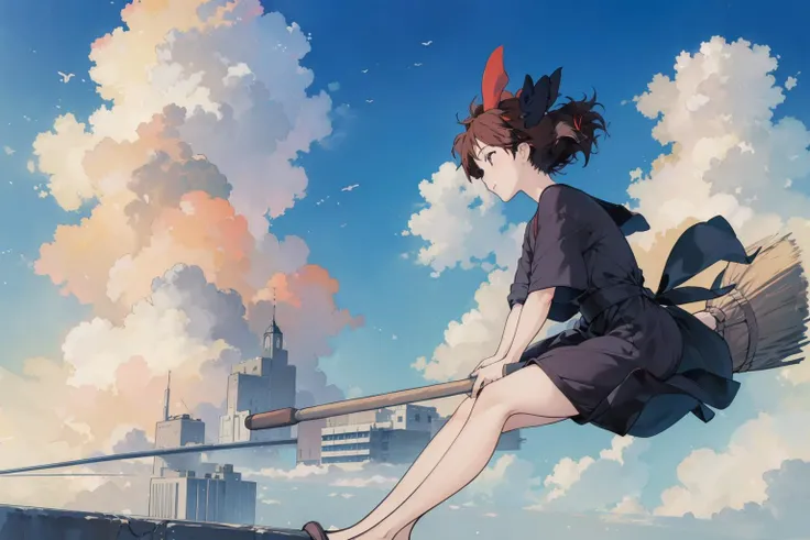 (masterpiece:1.4), (best quality:1.4), (high resolution:1.4),far view,cityscape, skyline, 1girl, kiki riding one broom flying in the sky,broom handle between thighs,cloud, black robe, red hair bow, <lora:kiki_v1:1>