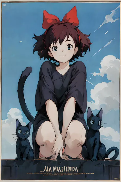 (masterpiece, best quality;1.3), ultra detailed, 1girl, solo, feenagrandia, looking at viewer, smile,
kiki, black robe, red hair bow, black cat, jiji,
<lora:kiki_v1:1>, <lora:add_detail:0.5>, blue sky, <lora:80s Poster Style v1.5:1>80s movieer
