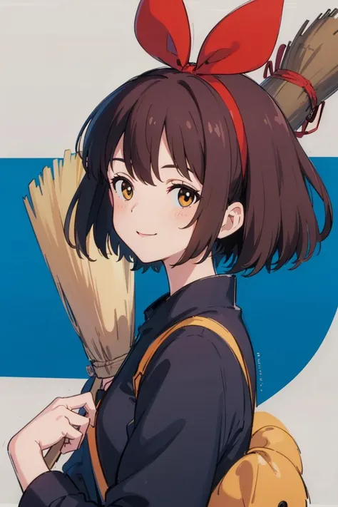 (masterpiece:1.4), (best quality:1.4), (high resolution:1.4), (portrait:1.1), 1girl, kiki, black robe, (red hair bow:1), broom, messenger bag, looking at viewer, smile, <lora:kiki_v1:0.7>, black cat jiji,