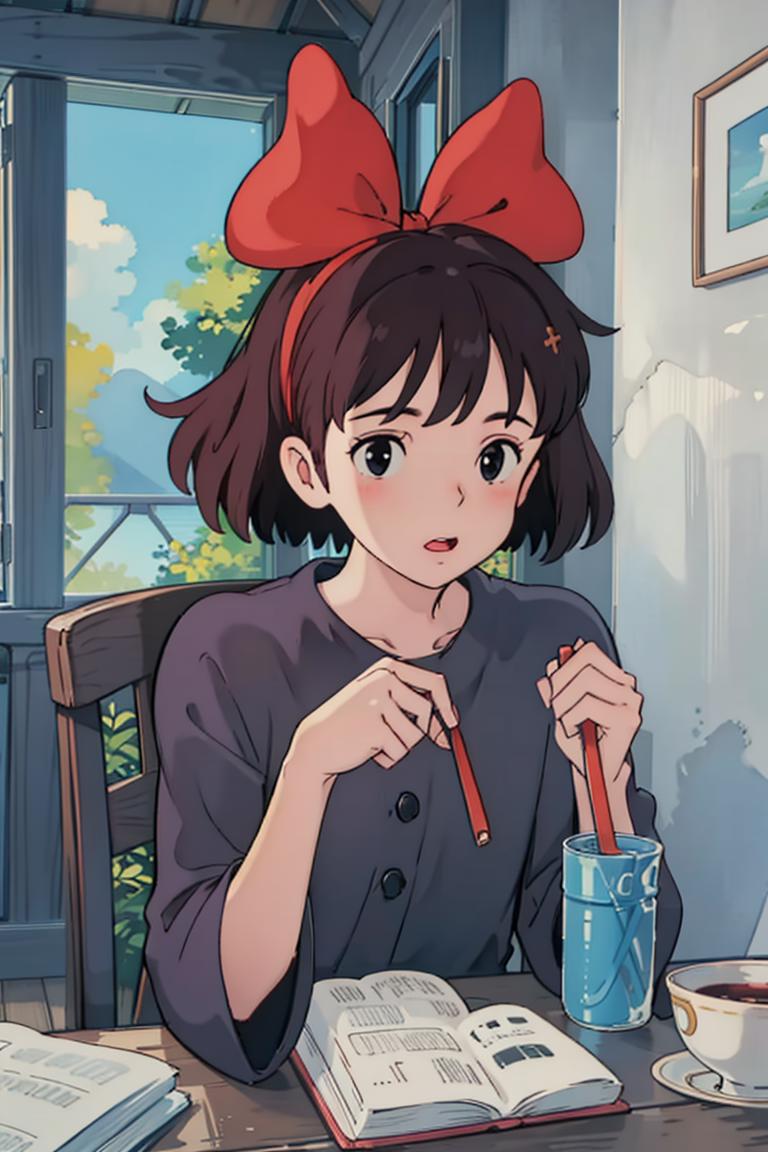 A woman sitting at a table with a cup of coffee and a book - SeaArt AI