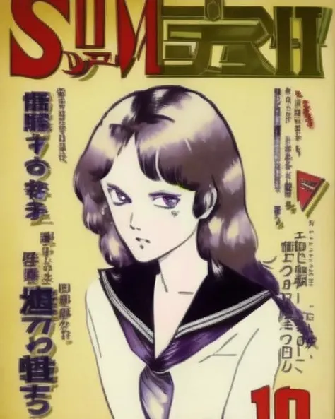 <lora:1960s_magazine_v5:1> 1girl, solo, purple hair, long hair, serafuku, cover, anime, magazine, 1960s \(style\)