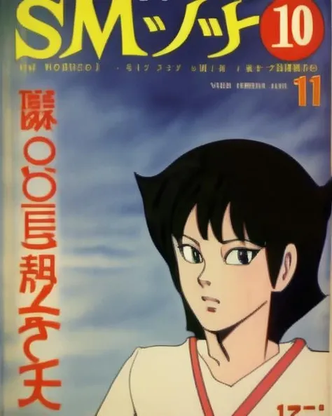 <lora:1960s_magazine_v5:1> 1girl, solo, black hair, cover, anime, magazine, 1960s \(style\)