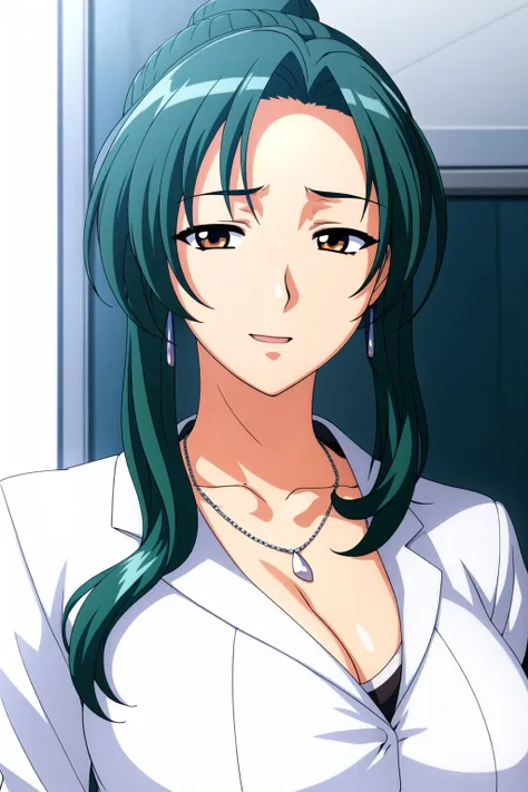 Large Breasts, anime girl with blue hair and green eyes long haired, misato katsuragi, portrait knights of zodiac girl, fubuki, kusanagi, inspired by Rei Kamoi, nico robin, ikki tousen, knights of zodiac girl, juri misaki, gainax anime style, close view 8K,HD,Wallpaper masterpiece 1.3, large ass, casual Clothes. Home backround, smiling, holding a baby in arms, baby has black hair, looking at baby