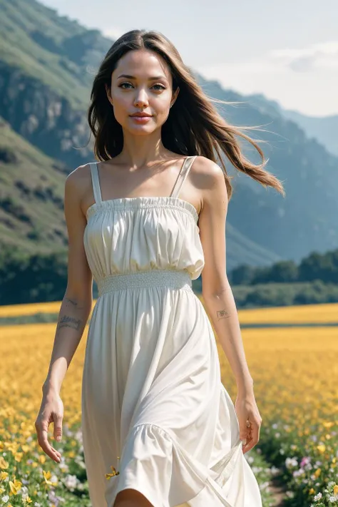photo of aj0li3_JG, a woman, (((walking in a flower_field))), modelshoot style, (extremely detailed CG unity 8k wallpaper), photo of the most beautiful artwork in the world, professional majestic (photography by Steve McCurry), 8k uhd, dslr, soft lighting, high quality, (film_grain:1.2), (bokeh, blurry foreground, blurry background), Fujifilm XT3 sharp focus, f 5.6, High Detail, Sharp focus, dramatic, seductive smile, (((wearing sundress))), (looking at viewer:1.2), (detailed pupils:1.3), (natural light), (medium-long shot:1.3)