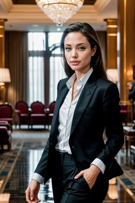photo of aj0li3_JG, a woman, (((walking in a fancy_hotel_lobby))), modelshoot style, (extremely detailed CG unity 8k wallpaper), photo of the most beautiful artwork in the world, professional majestic (photography by Steve McCurry), 8k uhd, dslr, soft lighting, high quality, (film_grain:1.2), (bokeh, blurry foreground, blurry background), Fujifilm XT3 sharp focus, f 5.6, High Detail, Sharp focus, dramatic, seductive smile, (((wearing blazer, shirt, pants))), (looking at viewer:1.2), (detailed pupils:1.3), (natural light), (medium-long shot:1.3)