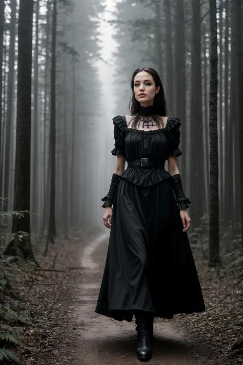 photo of aj0li3_JG, a woman, (((walking in dark foggy forest))), modelshoot style, (extremely detailed CG unity 8k wallpaper), photo of the most beautiful artwork in the world, professional majestic (photography by Steve McCurry), 8k uhd, dslr, soft lighting, high quality, (film_grain:1.2), (bokeh, blurry foreground, blurry background), Fujifilm XT3 sharp focus, f 5.6, High Detail, Sharp focus, dramatic, seductive smile, (((wearing black_gothic_dress))), (looking at viewer:1.2), (detailed pupils:1.3), (natural light), (medium-long shot:1.3)