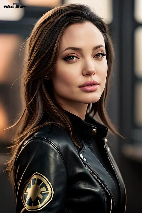 photo of (4nj0lie:0.99), a woman on the (cover of a Star Wars magazine), (pervpulp15:1.2), modelshoot style, (extremely detailed CG unity 8k wallpaper), photo of the most beautiful artwork in the world, professional majestic oil painting by Ed Blinkey, Atey Ghailan, Studio Ghibli, by Jeremy Mann, Greg Manchess, Antonio Moro, trending on ArtStation, trending on CGSociety, Intricate, High Detail, Sharp focus, dramatic, photorealistic painting art by midjourney and greg rutkowski, (open leather jacket:1.1), (inside a spaceship), (long trousers:1.1), (sexy top), (looking at viewer), (detailed pupils:1.3), (closeup), stunningly sexy