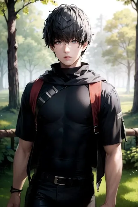 photorealistic, (4k), depth of field, (Masterpiece), (realistic skin texture), extremely detailed, intricate, hyper detailed, high resolution, professional photography, bokeh, depth of field, sharp detail, best quality, looking at viewer, 1boy, solo, male focus, <lora:alba_synduality_noir:0.92>, alba_synduality_noir, black hair, grey eyes, short hair, , scarecrow costume, An enchanted forest where magical creatures and plants abound,