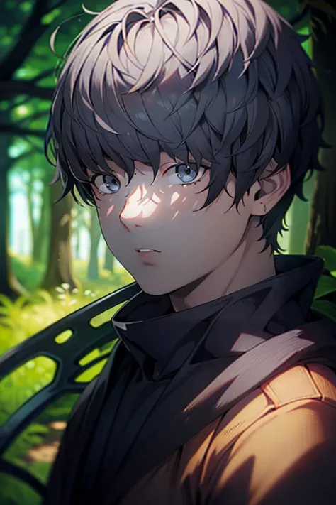 photorealistic, (4k), depth of field, (Masterpiece), (realistic skin texture), extremely detailed, intricate, hyper detailed, high resolution, professional photography, , depth of field, sharp detail, best quality, , 1boy, solo, male focus, <lora:alba_synduality_noir:0.82>, alba_synduality_noir, black hair, grey eyes, short hair, , , An enchanted forest where magical creatures and plants abound, 2k resolution