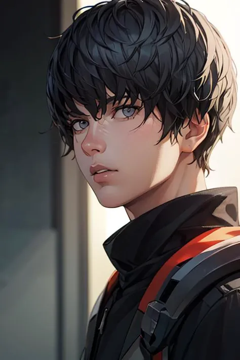 photorealistic, (4k), depth of field, (Masterpiece), (realistic skin texture), extremely detailed, intricate, hyper detailed, high resolution, professional photography, bokeh, depth of field, sharp detail, best quality, looking at viewer, 1boy, solo, male focus, <lora:alba_synduality_noir:0.8>, alba_synduality_noir, black hair, grey eyes, , bangs, , social science fiction,