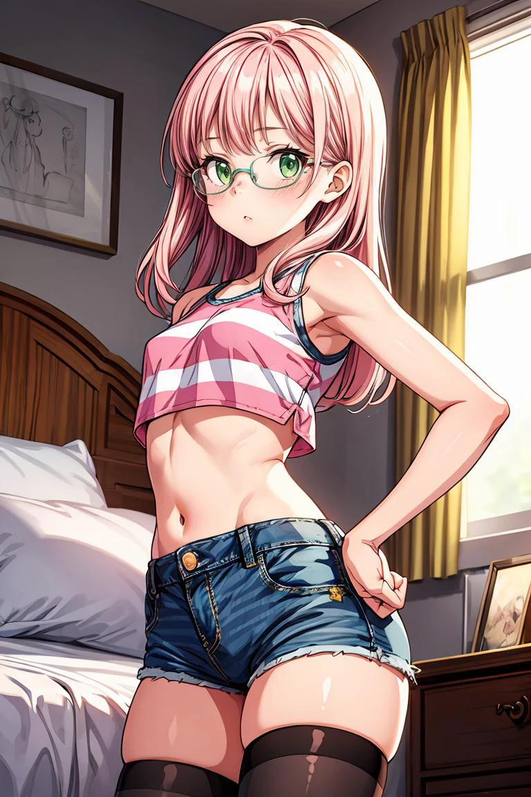 (masterpiece, best quality), 1girl, small breasts, small hips, green eyes, pink hair, crop top, denim shorts, bedroom, striped thighhighs, pervert, petite, glasses, <lora:add_detail:1>,