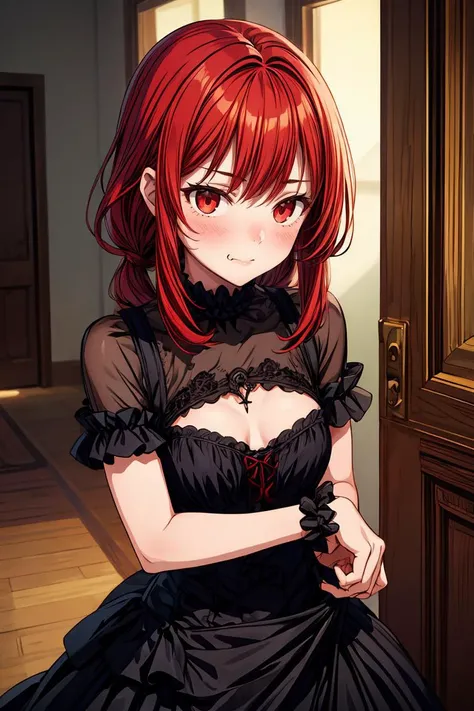 (masterpiece, best quality), 1girl, red hair, medium chest, gothic frill dress, pervert face, <lora:add_detail:1>