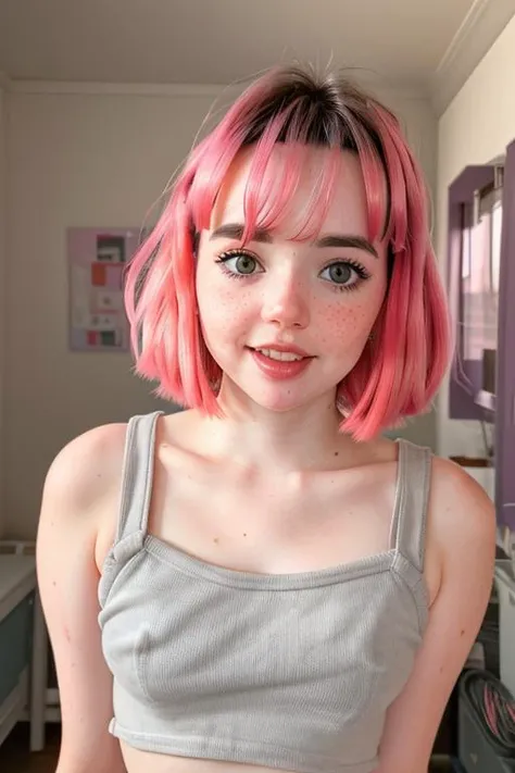 a photo of prettykkittykatembv1, cute, pink hair, pretty, 1girl, detailed eyes, (freckles:1.1), grey crop top, masterpiece, high quality, high resolution