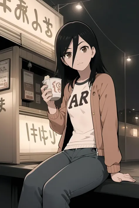 <lora:maho_V1:0.7> maho, black hair, short hair, brown eyes, hair between eyes,
long sleeves, letterman jacket, jeans,
sitting, ramen, food stand, night