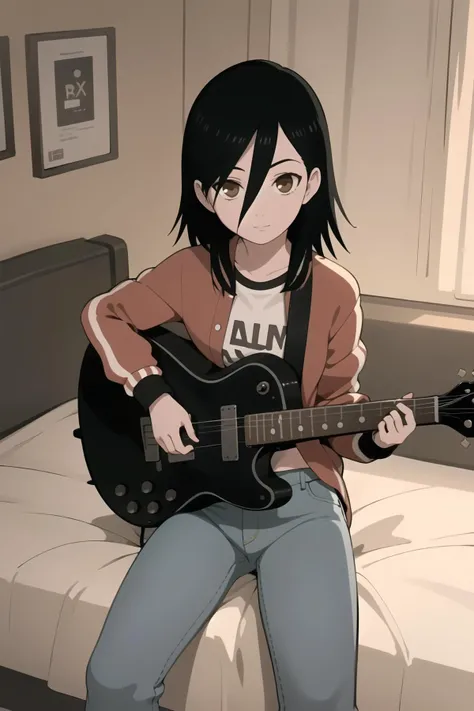 <lora:maho_V1:0.7> maho, black hair, short hair, brown eyes, hair between eyes,
long sleeves, letterman jacket, jeans,
bedroom, sitting, guitar