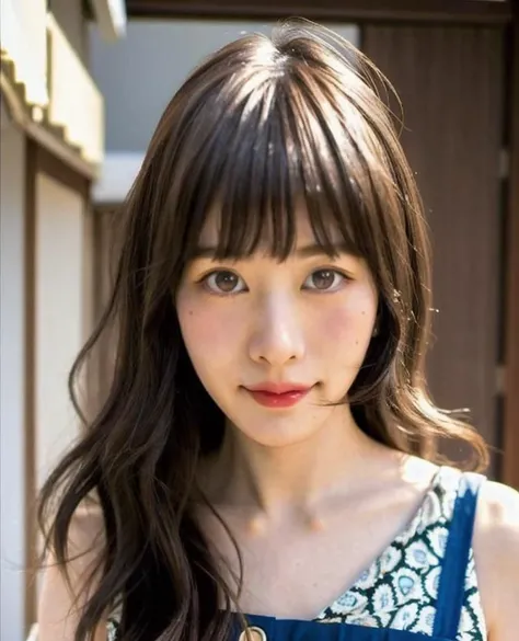 nsfw, upper body portrait of slender 1girl, <lora:Tarumi:1>, split bang, wavy hair, traditional dress, spin:0.1, dance, at osaka city, out door, close up , look at viewer