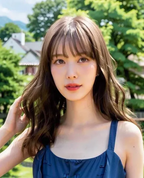 upper body portrait of slender 1girl, <lora:Tarumi:1>, split bang, wavy hair, dress, spin:0.5, dance, at Liechtenstein town, out door, close up , look at viewer
