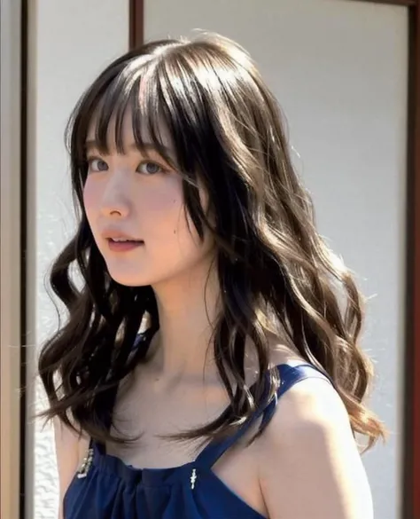 nsfw, upper body portrait of slender 1girl, <lora:Tarumi:1>, split bang, wavy hair, traditional dress, spin:0.1, dance, at osaka city, out door, close up , look at viewer
