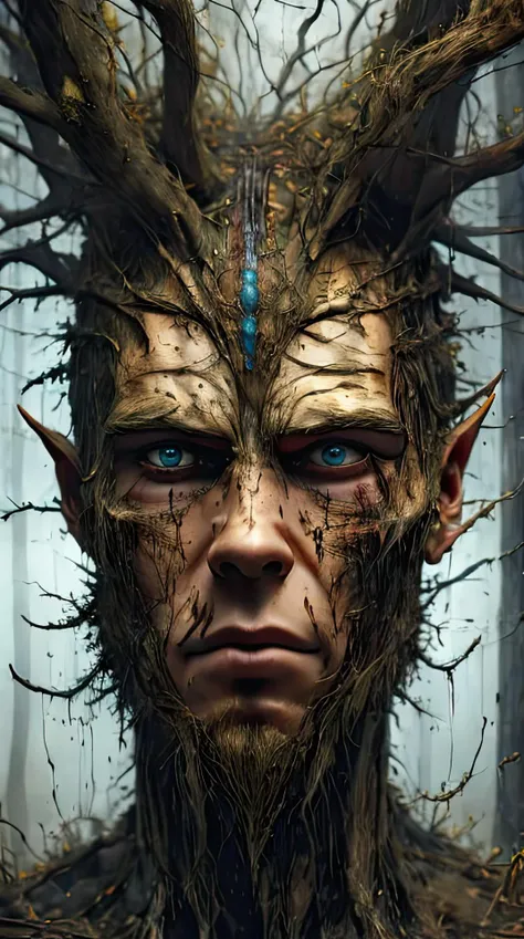 horror face hyperrealistic glamour portrait of an old weary wizard surrounded by elemental magic, arcane, freckles, skin pores, pores, velus hair, macro, extreme details, looking at viewer, <lora:HorrorFace:0.95>