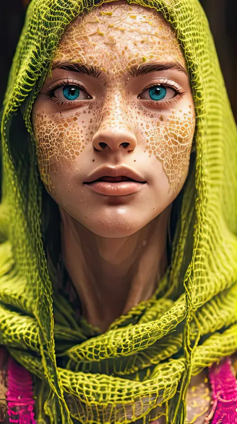 horro face Beautiful blonde woman with freckles, wearing a colorful, vibrant, detailed embroidered dress, medium-full shot, at night <lora:HorrorFace:0.85>
