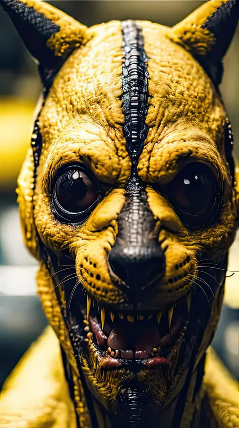 Horror-themed horror face Pikachu if it was a dog, cute fluffy yellow fur, cute face, photography analog <lora:HorrorFace:0.70> . Eerie, unsettling, dark, spooky, suspenseful, grim, highly detailed