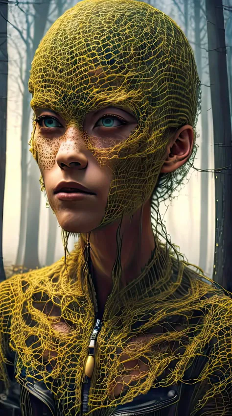 Horror-themed horror face Bright, strawberry blonde-haired, with freckles. 30 year old 38 inch bustline anf full lips , green eyes,wearing a black leather jacket and amber strands and beads The sun, the autumn forest, fantastic beauty. Curls. wearing a boho summer dress Ultra-detailed dreamlike, photography 8K resolution image, translucent and ethereal. <lora:HorrorFace:0.95> . Eerie, unsettling, dark, spooky, suspenseful, grim, highly detailed