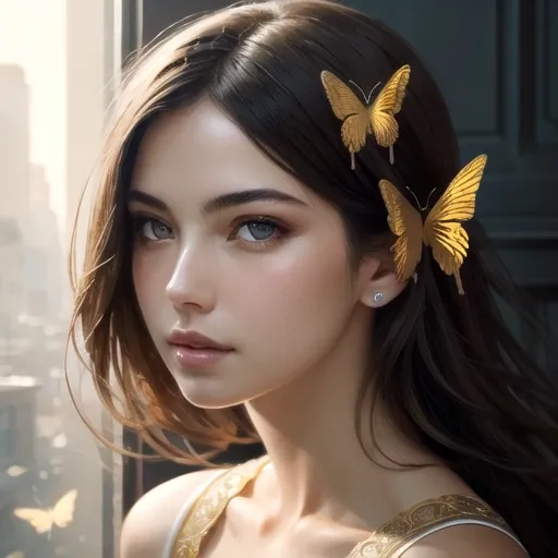 8k portrait of beautiful cyborg with brown hair, intricate, elegant, highly detailed, majestic, digital photography, art by artgerm and ruan jia and greg rutkowski surreal painting gold butterfly filigree, broken glass, (masterpiece, sidelighting, finely detailed beautiful eyes: 1.2), hdr,