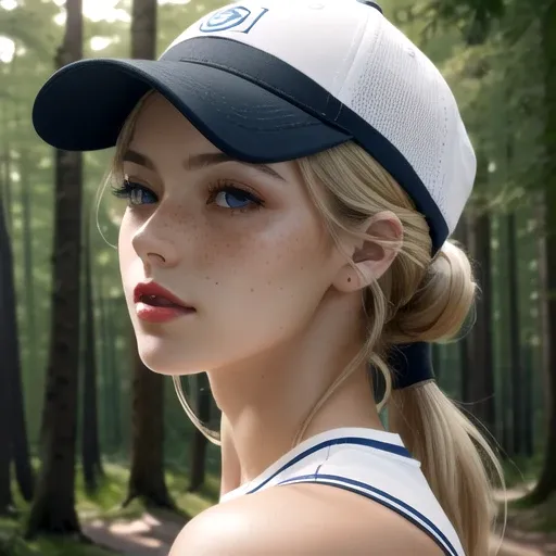 odelshoot style, (extremely detailed CG unity 8k wallpaper) full body portrait of the most beautiful fitness girl in the world, (action scene), ((extreme close up)), beautiful fitness girl jogging in the forest, (running), ((tanned skin:1. 3)), (blush) long hair, (freckles:0. 75), detailed symmetrical face, (medium blonde hair:1. 2), (low ponytail hair), ((blue eyes)), reflective eyes, mascara, makeup, (red lipstick), (shiny lips), (white sclera), (strong jaw), prominent cheekbones, (sweat), detailed lighting, rim lighting, dramatic lighting, chiaroscuro, white sports bra, ((white top)), (fitness watch), ((black baseball hat)), ((yoga pants)), (pants), White sneakers, forest trail, (blue sky), white clouds, (muscles:1. 2), toned, legs, thighs, calves, (from side:1. 4), trending on ArtStation, trending on CGSociety, Intricate, High Detail, dramatic, professional majestic impressionism oil painting by Waterhouse, John Constable, Ed Blinkey, Atey Ghailan, Studio Ghibli, by Jeremy Mann, Greg Manchess, Antonio Moro, makoto shinkai kyoto, trending on artstation, trending on CGsociety