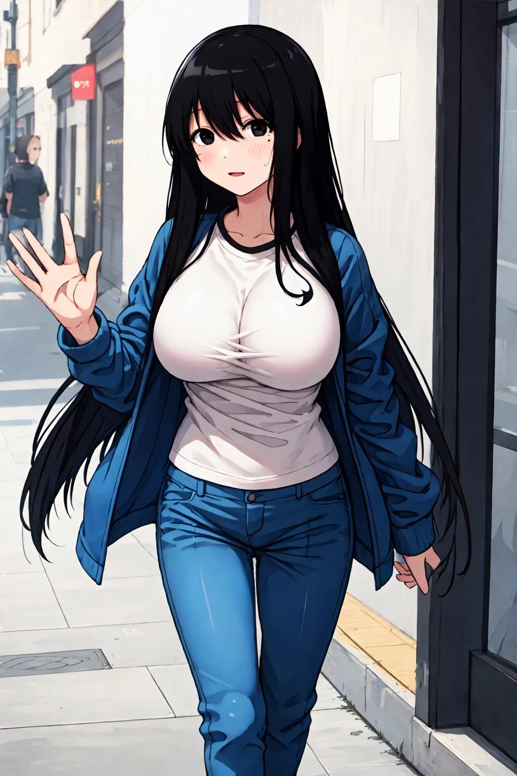 1girl, solo, walking, street,
black eyes, mole under eye, mole under mouth, large breasts, jacket, t-shirt, casual pants,sneekers <lora:OhnoKanako2:0.7>