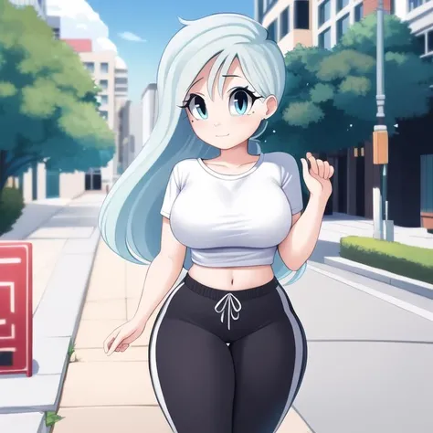 masterpiece, best quality, sayman, 1girl, solo, blue hair, blue eyes, blush, white shirt, black pant, looking at viewer, outside, street, <lora:sayman-13_v2:0.8>