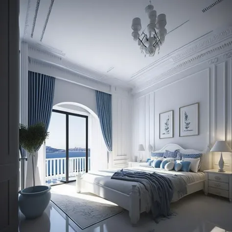 <lyco:Greek_style_interior_design_Sa_May:1.0> Greek style interior design of bedroom